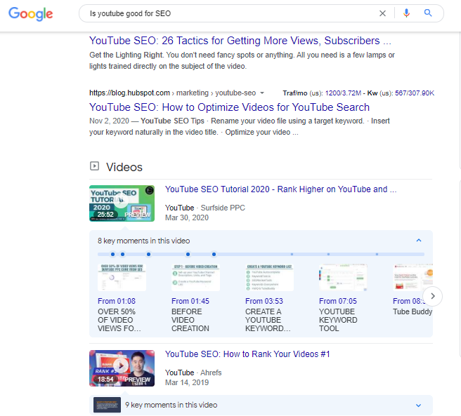 Screenshow featuring SERP results on Google.