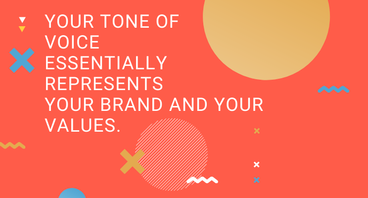 Brand tone of voice values graphic -white text on red background. Text reads: your tone of voice essentially represents your brand and values