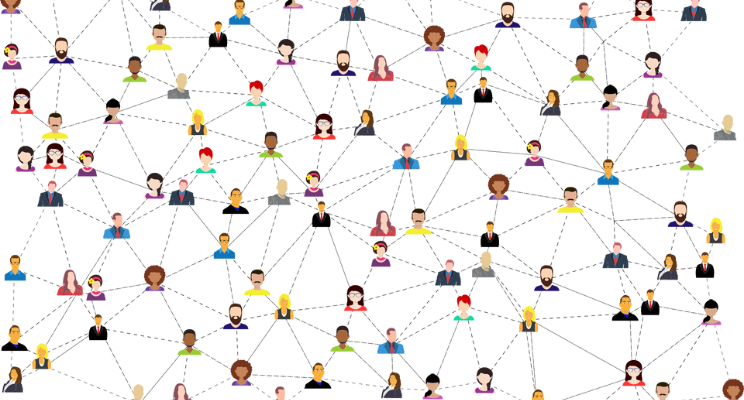 Picture featuring loads of people all connected by dotted lines to simbolise a network