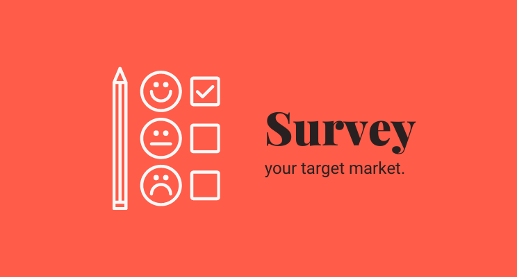 Brand repositioning guide - Black text on red backgorund. Text reads: survey your target market as part of your brand reposition